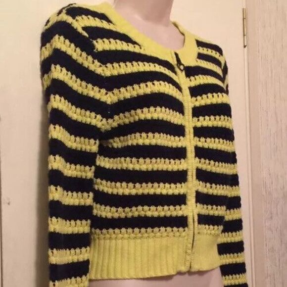 Princess Vera Wang Sweater Jacket Small Bright Yellow Navy Blue Striped - Picture 3 of 12